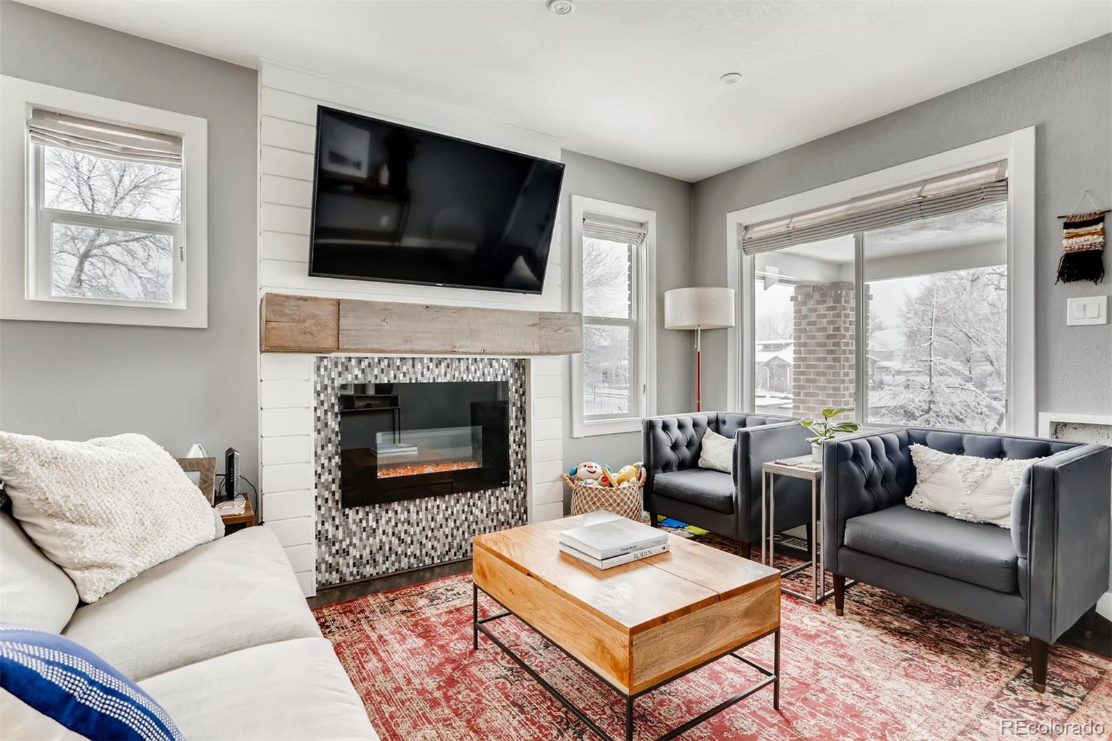 3510 Elizabeth Street Denver, CO 80205 - Photo 6 of 39 a living room with furniture a flat screen tv and a fireplace