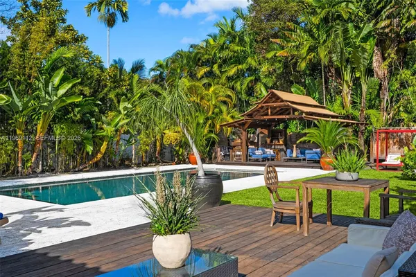 a backyard of a house with table and chairs