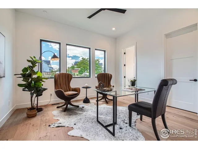 a living room with furniture a potted plant and a large window