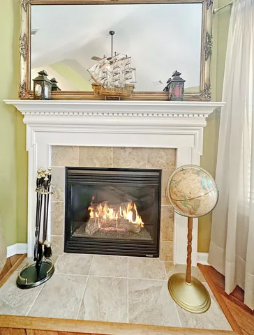 a living room with a fireplace and a potted plant