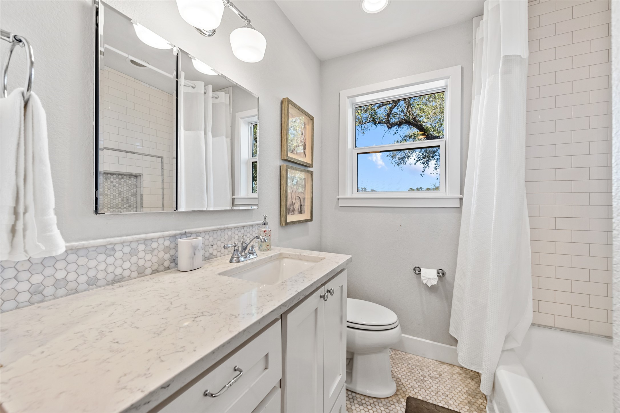 1610 Pace Bend Road North Spicewood, TX 78669 - Photo 11 of 32 a bathroom with a granite countertop sink toilet and painting on the wall
