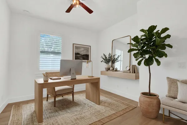 a view of a workspace with a potted plant and a chair