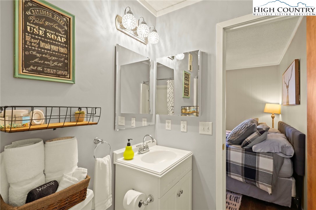 301 Pinnacle Inn Road, Unit 3305 Beech Mountain, NC 28604 - Photo 6 of 29 a bathroom with a sink a toilet and a mirror