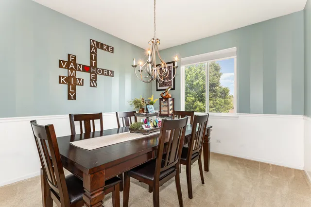 a view of a dining room with furniture window and outside view
