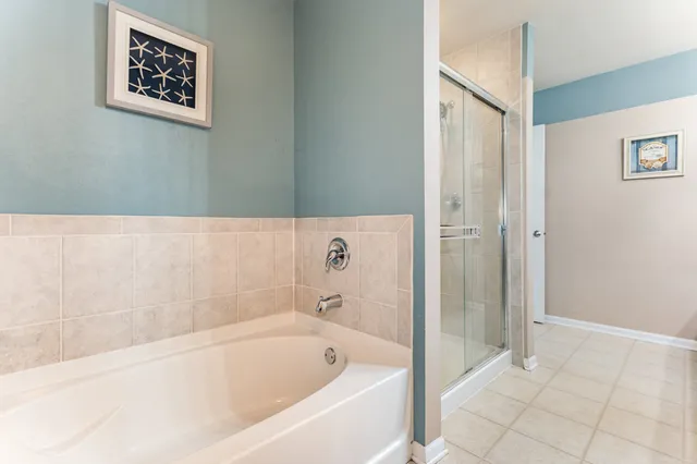 a bathroom with a bathtub and shower