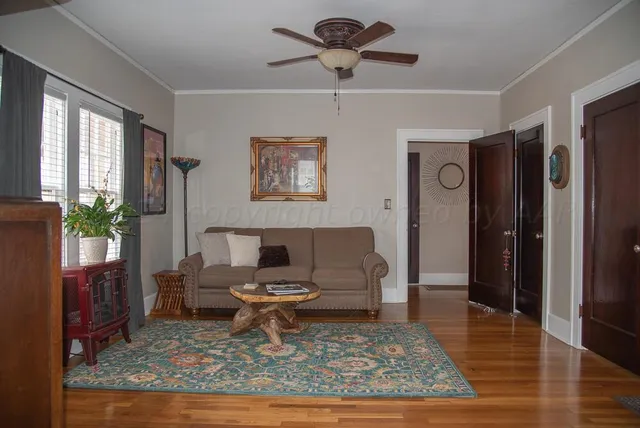 an aerial view of a residential houses with outdoor space and trees