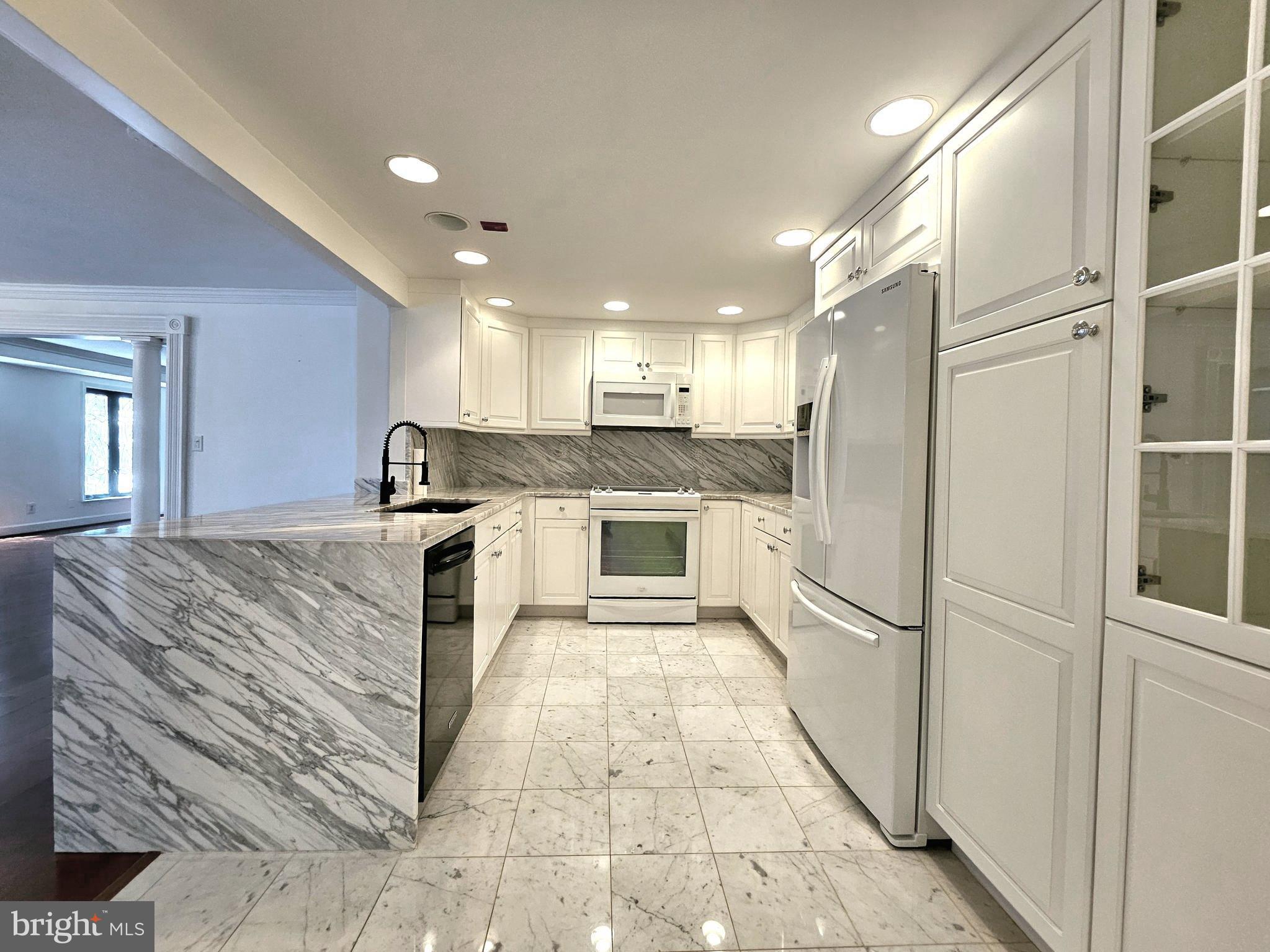 1080 Wisconsin Avenue Northwest, Unit 103/104 Washington, DC 20007 - Photo 2 of 37 a kitchen with granite countertop a refrigerator oven a sink and cabinets