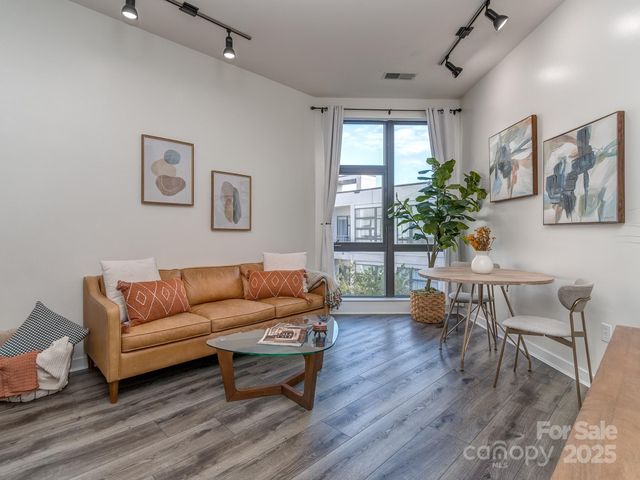 a living room with furniture and a potted plant