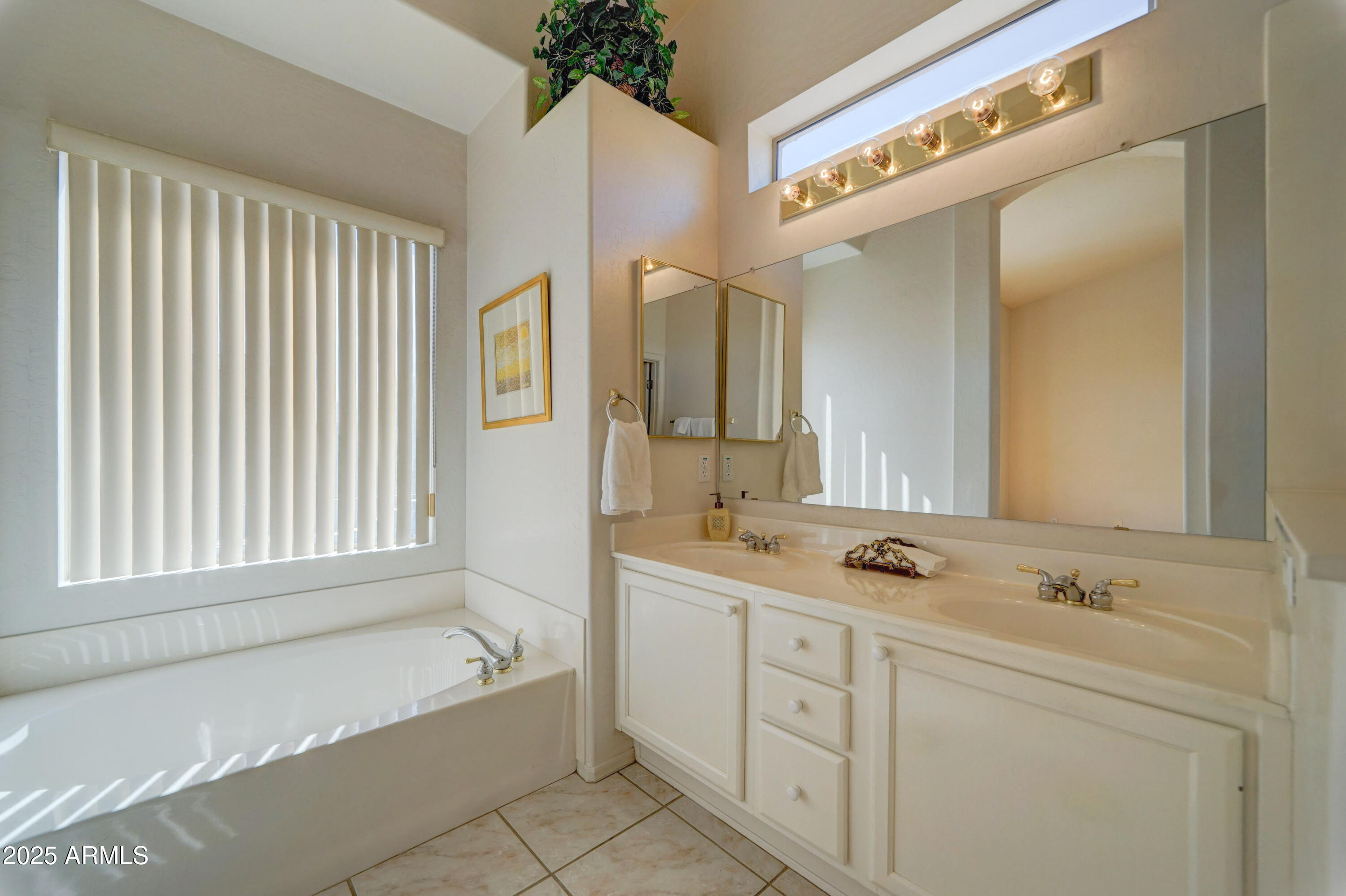 3055 North Red Mountain, Unit 74 Mesa, AZ 85207 - Photo 23 of 38 a spacious bathroom with a double vanity sink a large mirror and a bathtub