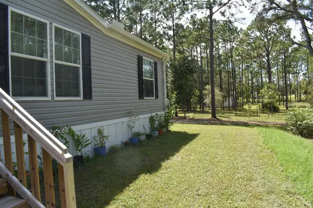 a view of house with yard outdoor seating and covered with trees