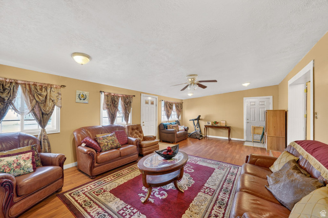 977 23rd Street Ogden, UT 84401 - Photo 20 of 29 Living area featuring wood finished floors, a ceiling fan, and a textured ceiling