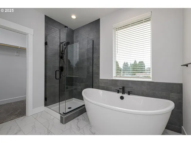 a bathroom with a bathtub and a shower