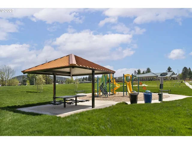 a view of a park with swings