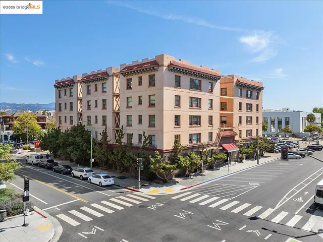 a view of a building and a street