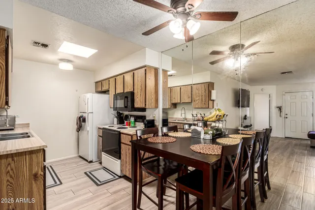 a view of a dining room with furniture