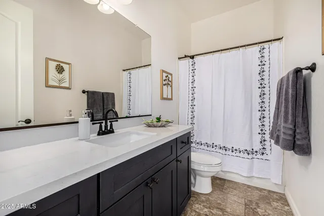 a bathroom with a sink a toilet and a large mirror