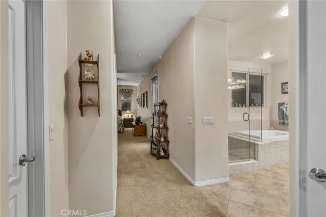 a view of a hallway with living room and front door