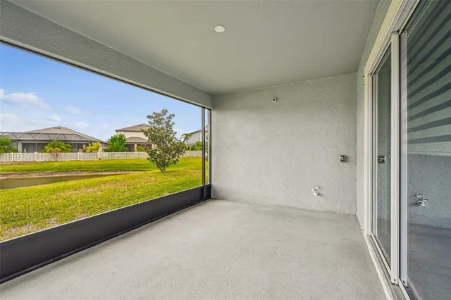 an aerial view of a house with a garden space