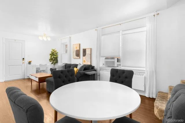 a view of a dining room with furniture