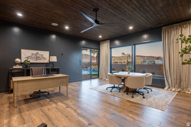 4871 South Homestead Way Washington, UT 84780 - Photo 56 of 151 Office area with wood ceiling, wood-type flooring, a ceiling fan, and recessed lighting