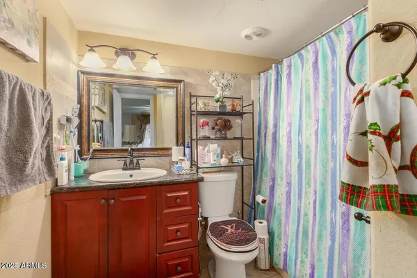 a bathroom with a sink a toilet and shower curtain