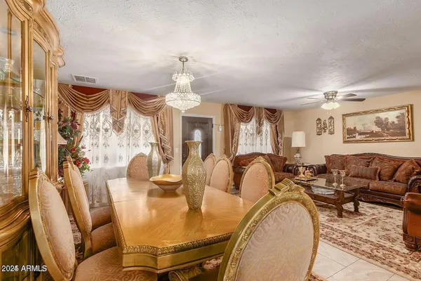 a view of a dining room with furniture