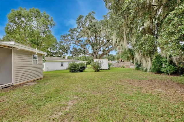 a view of a backyard with large trees