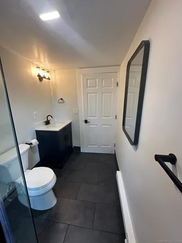 a bathroom with a sink a toilet a mirror and vanity