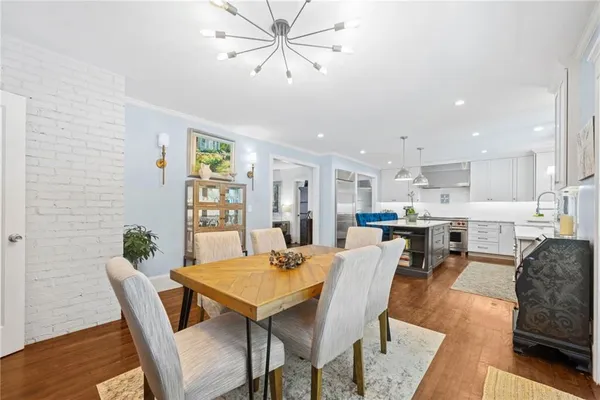 a view of a dining room with furniture