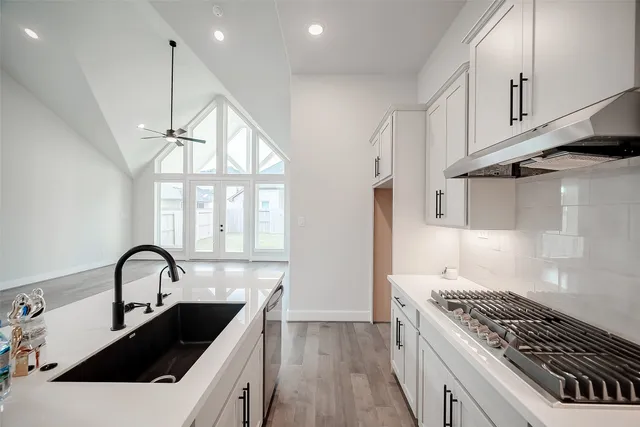 a kitchen with a sink a stove and cabinets