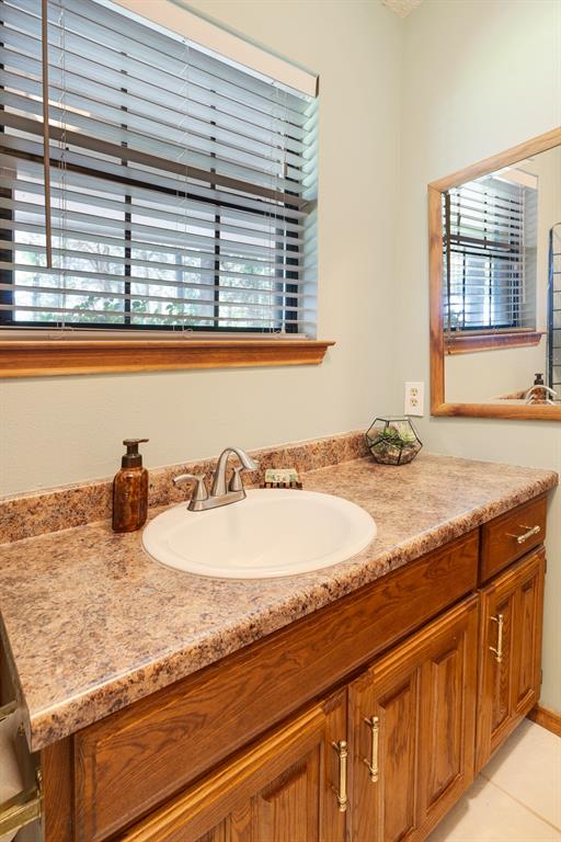 730 Cedar Creek Drive Reno, TX 75462 - Photo 16 of 28 a bathroom with a granite countertop sink and a large mirror