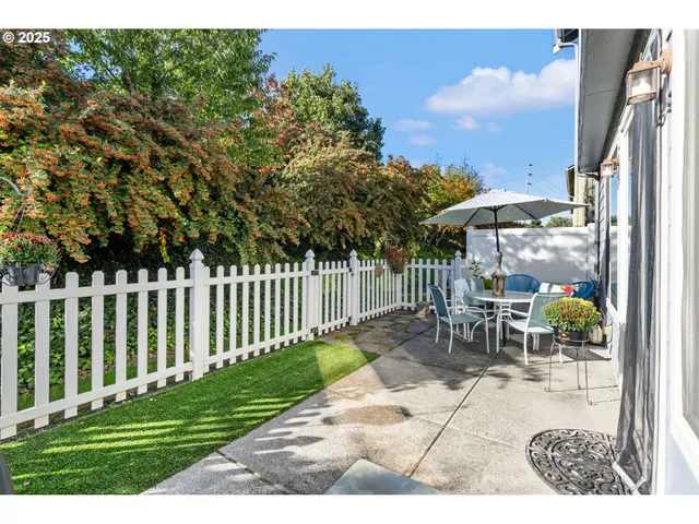 a view of a chairs and bench in the backyard