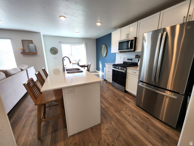 1736 East Fall Street Eagle Mountain, UT 84005 - Photo 30 of 30 Kitchen with stainless steel appliances, a breakfast bar area, a kitchen island with sink, dark wood finished floors, and open floor plan