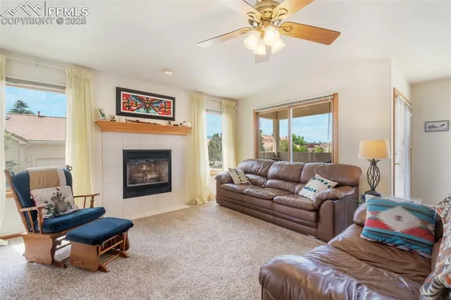 a living room with furniture and a fireplace