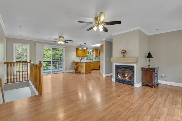 a view of empty room with wooden floor and fireplace