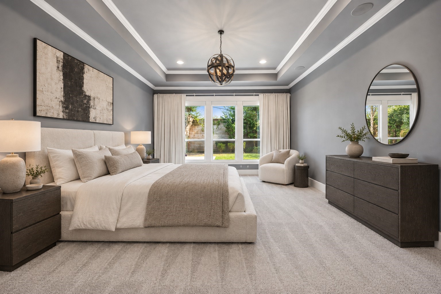 8558 Ridgepoint Drive Houston, TX 77055 - Photo 8 of 39 A layered tray ceiling frames a restful retreat, styled with substantial upholstered furnishings and soft, tonal textures. Virtually staged.