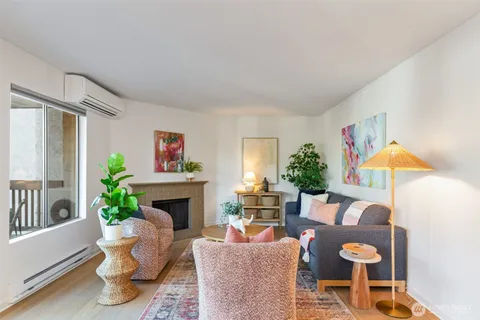 a living room with furniture a fireplace and a potted plant