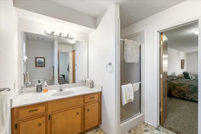 a bathroom with a sink a mirror and a shower