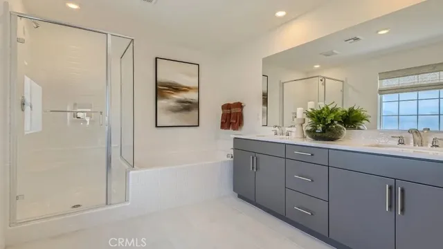 a bathroom with a double vanity sink mirror and shower