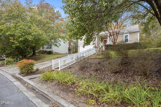 a view of a yard with plants and trees