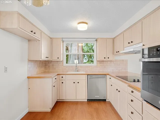 a kitchen with cabinets a window and stainless steel appliances