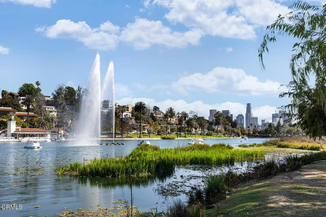 a view of a lake with a big yard