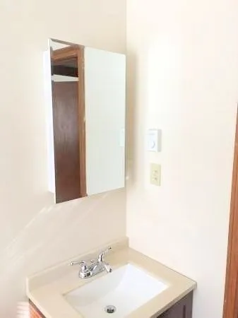 a bathroom with a sink and a mirror
