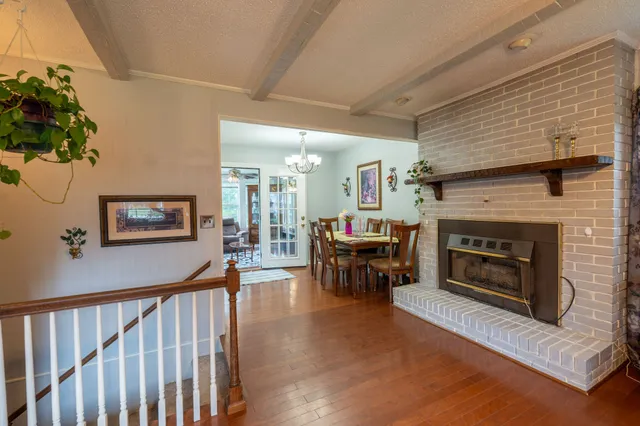 a living room with furniture a fireplace and a potted plant