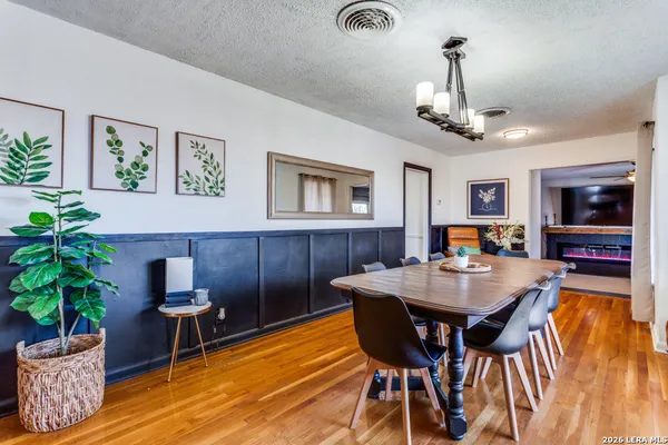 a view of a dining room with furniture