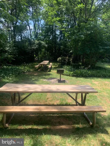 a view of swimming pool with lawn chairs and large trees