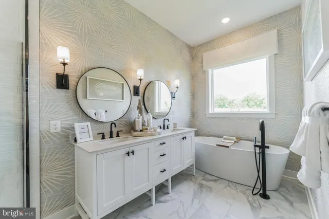 a room with a mirror a sink and a window