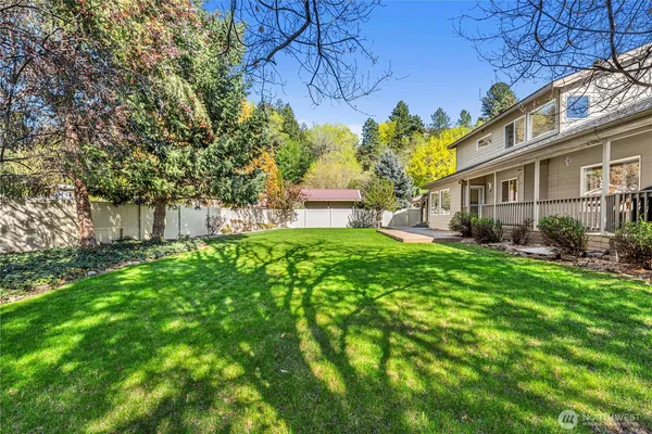 a view of a backyard with large trees