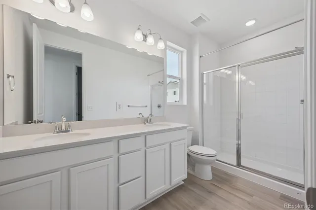 a bathroom with a double vanity sink toilet and a mirror