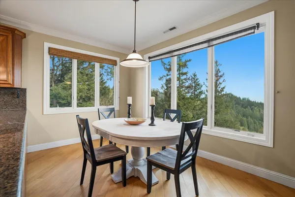 a view of a dining room with furniture window and wooden floor